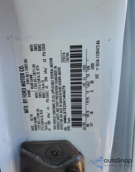 2019 Ford Transit Connect Xl z USA, uszkodzony, nr VIN NM0LS7E2XK1404279